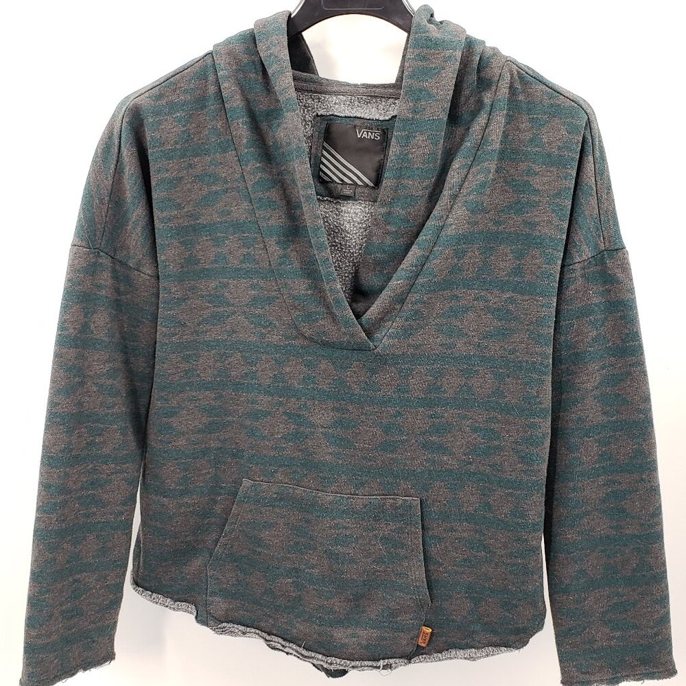 Vans Shawl Collar Hoodie Size L Teal Green Brown Tribal Print Raw Hems Grunge